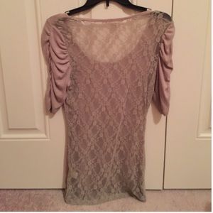 Ribbed Top with Ruched Sleeves and Lace Back